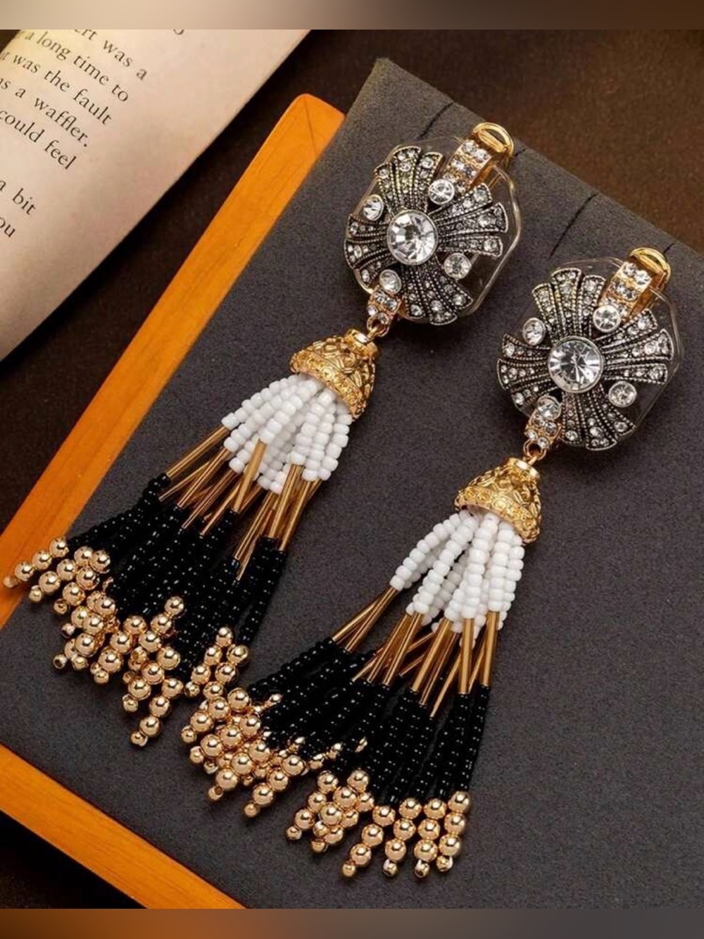 Elegant Gold, Black & White Beaded Tassel Earrings